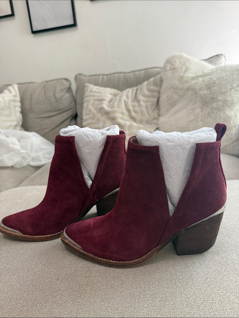 Jefferey Campbell Burgundy Suede Ankle Boots - Stylish Block Heel Chelsea - Picture 3 of 7